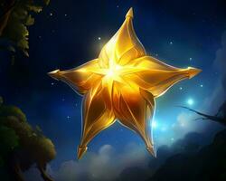 un dorado estrella en el noche cielo con arboles en el antecedentes generativo ai foto