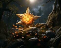 a golden star in the woods with leaves on it generative ai photo