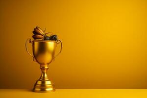 a golden trophy cup on a yellow background generative ai photo