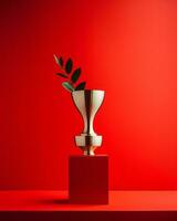 a golden trophy on a red background generative ai photo