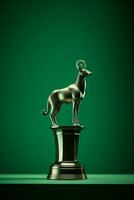 a golden statue of a dog on a pedestal against a green background generative ai photo