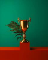 a golden trophy on a red and green background generative ai photo