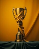 a golden trophy on a table with a cloth draped over it generative ai photo