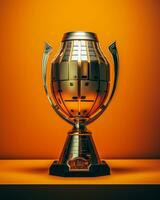 un dorado trofeo en un naranja antecedentes generativo ai foto