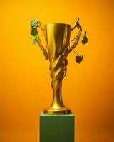 a golden trophy on an orange background generative ai photo