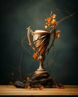 a golden trophy sits on top of a wooden table generative ai photo