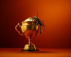 a golden trophy on an orange background generative ai photo