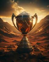 a golden trophy sits in the middle of a desert with mountains in the background generative ai photo