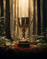 a golden trophy sits in the middle of a forest generative ai photo