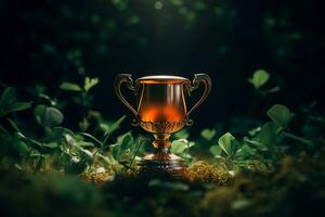 a golden trophy sitting in the middle of some green grass generative ai photo