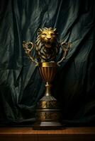 un dorado trofeo con un león cabeza en eso generativo ai foto