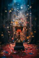 a golden trophy with confetti falling from it generative ai photo