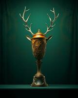 a golden trophy with antlers on top of a green background generative ai photo