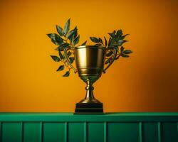 un dorado trofeo con verde hojas en parte superior de un naranja pared generativo ai foto