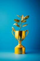 un dorado trofeo con un planta en eso en un azul antecedentes generativo ai foto