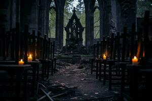 a gothic church with empty chairs and lit candles generative ai photo