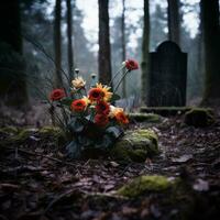 un tumba con flores en el medio de un bosque generativo ai foto