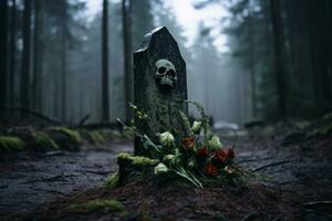 a grave with a skull and flowers in the middle of a forest generative ai photo