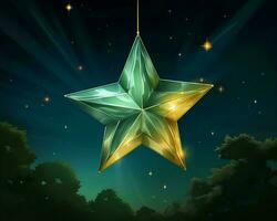 un verde estrella colgando en el noche cielo con estrellas en el antecedentes generativo ai foto