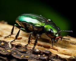 un verde escarabajo sentado en parte superior de un pedazo de madera generativo ai foto