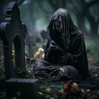 a grim reaper sitting in a cemetery with flowers generative ai photo