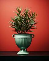 a green plant in a vase on a red wall generative ai photo