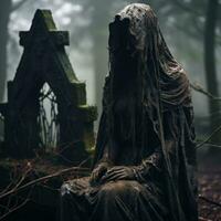 a grim reaper sitting on a grave in the woods generative ai photo