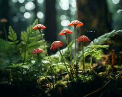 a group of red mushrooms in a forest generative ai photo