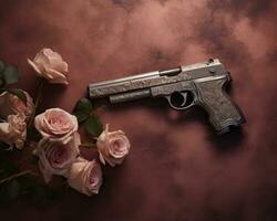 un pistola y rosas en un oscuro antecedentes generativo ai foto