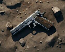 a gun laying on the ground next to some rocks generative ai photo