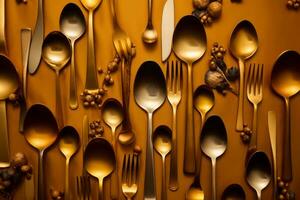 a group of spoons and forks on an orange background generative ai photo