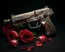un pistola y rosas en un negro antecedentes generativo ai foto