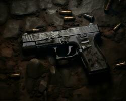 a gun laying on the ground with bullets around it generative ai photo