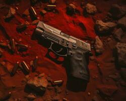 a gun laying on the ground next to some bullets generative ai photo