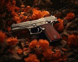 a gun laying on the ground surrounded by orange flowers generative ai photo