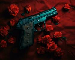 a gun and roses on a red background generative ai photo