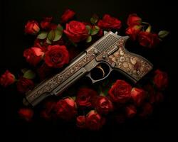 a gun is surrounded by roses on a black background generative ai photo