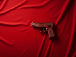 a gun laying on top of a red cloth generative ai photo