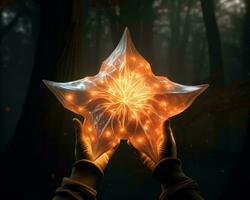 a hand holding a glowing star in the dark forest generative ai photo