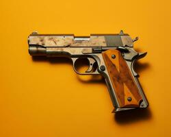 a gun on an orange background with a wooden handle generative ai photo