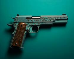 a gun on a turquoise background with an ornate design generative ai photo