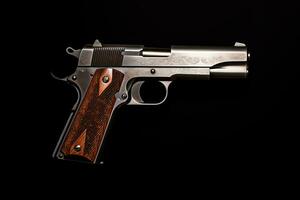 a handgun on a black background with a wooden grip generative ai photo