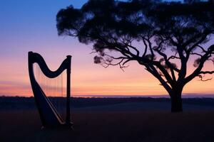 a harp sits in the middle of a field at sunset generative ai photo