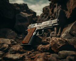 a handgun sitting on top of some rocks generative ai photo