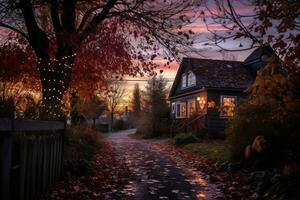 a house is surrounded by autumn leaves at sunset generative ai photo
