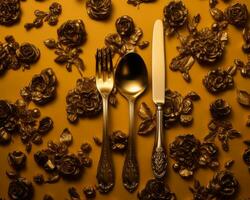 a knife fork and spoon on a gold background generative ai photo