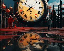 a large clock in the middle of a puddle of water generative ai photo