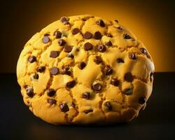 a large chocolate chip cookie on a black background generative ai photo