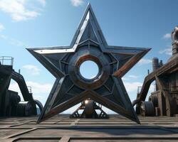 a large metal star in the middle of an industrial area generative ai photo