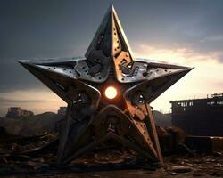 a large metal star in the middle of an abandoned city generative ai photo